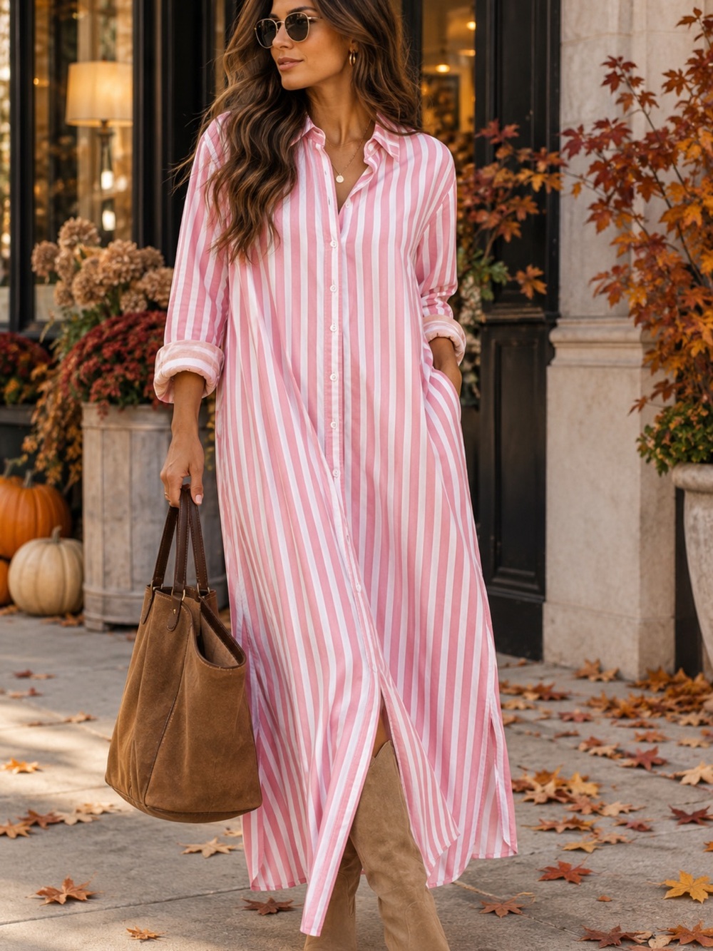 Xirena Boden Dress Rosebud Stripe Pink White Cotton Maxi Shirt Dress L NWT